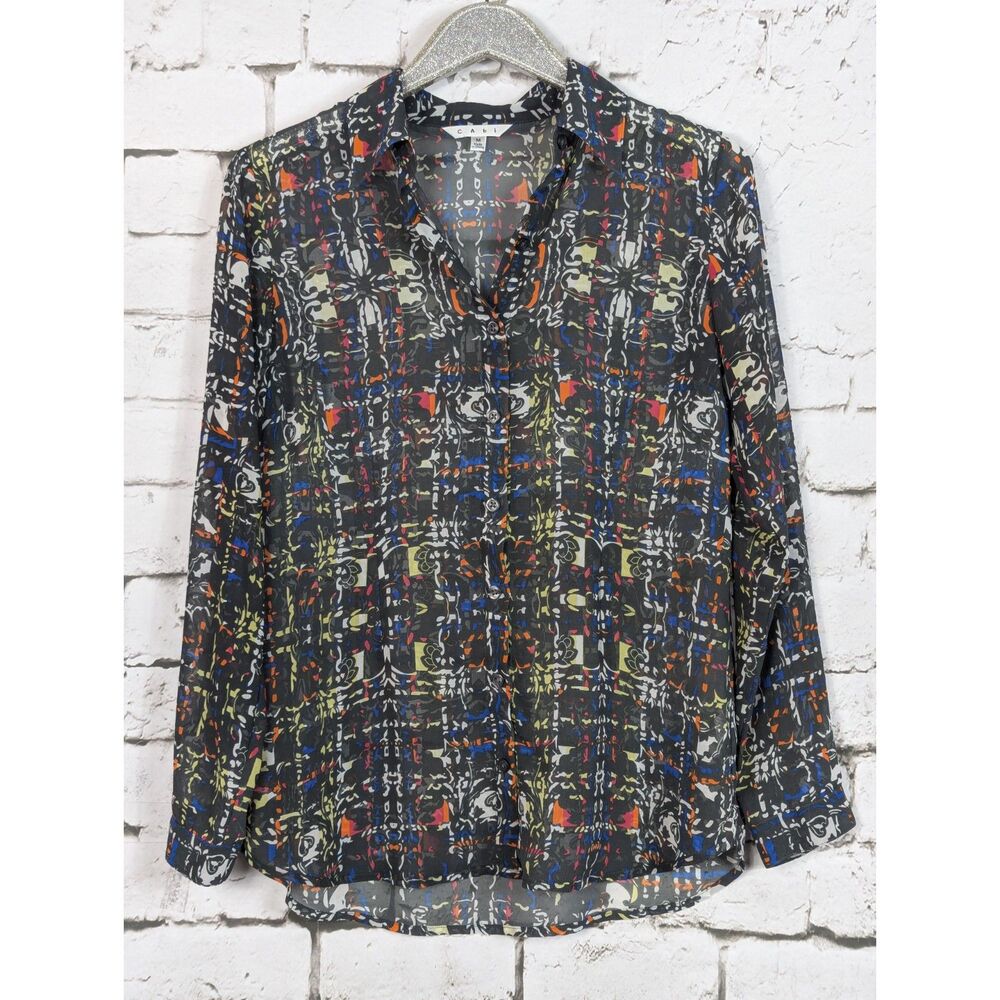 CAbi Festival Semi-Sheer Button-Front Shirt Gray #129 Career Work Casual Medium